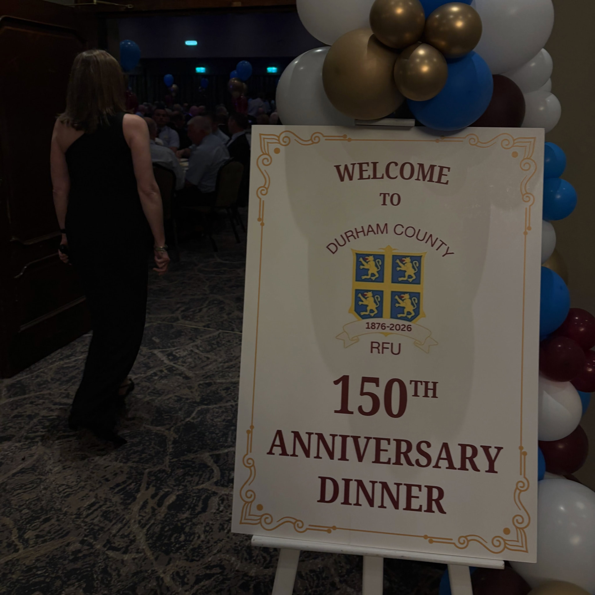 Welcome board for the Durham County RFU 150th Anniversary Dinner
